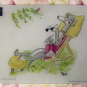 Retired Greyhound in deckchair with feet up chopping board