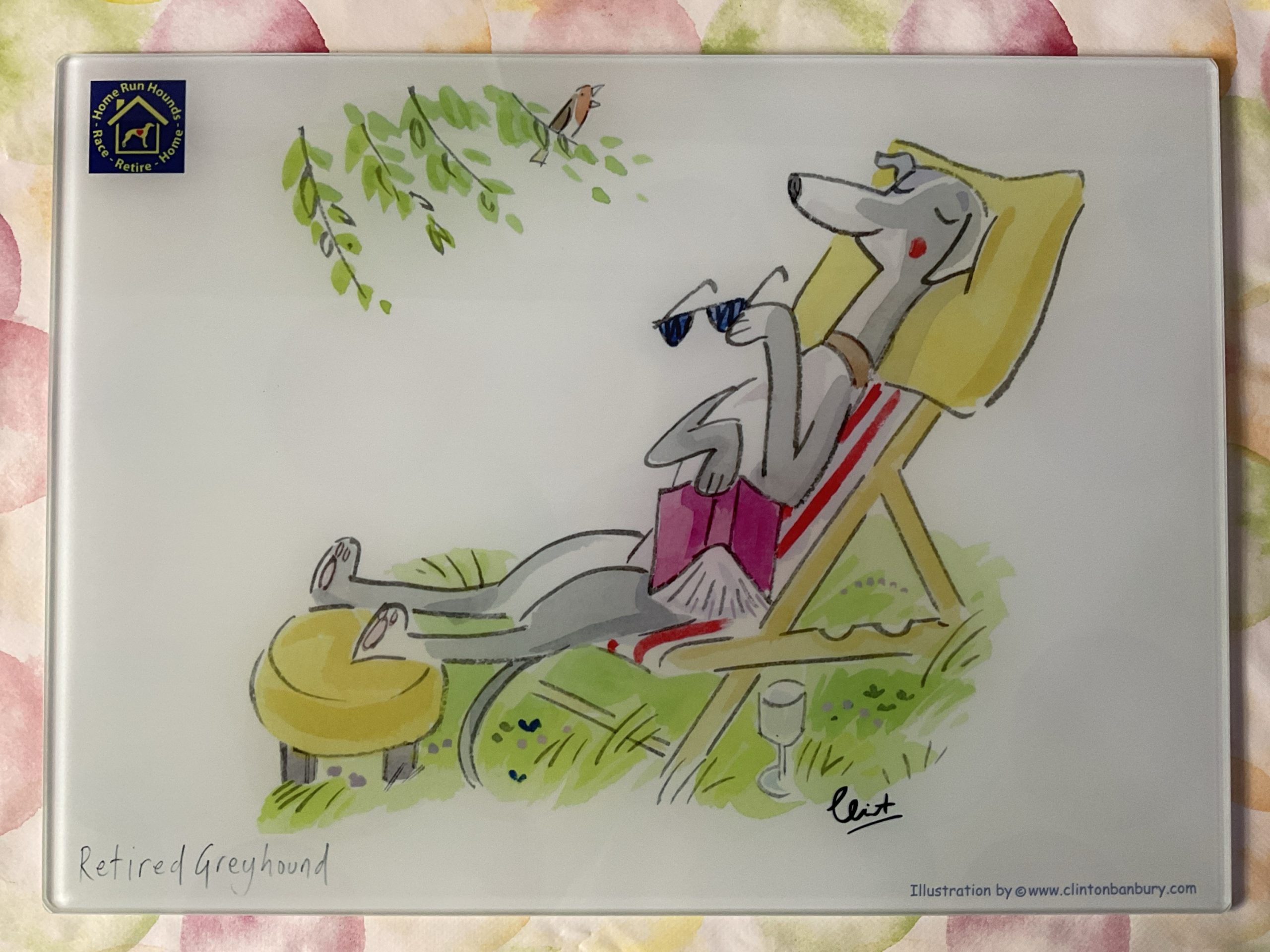 Retired Greyhound in deckchair with feet up chopping board